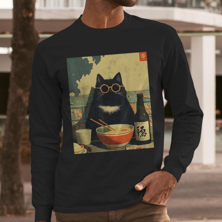 Vintage Japanese Cat Ramen Cat Dad Retro Graphic Women Men Long Sleeve T-Shirt