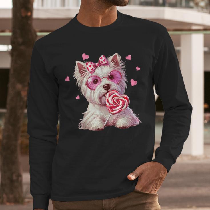 Westie Dog Valentines Day Dog Mom Westie Dad Candy Sucker For Men Women Girls Kids Men Long Sleeve T-Shirt