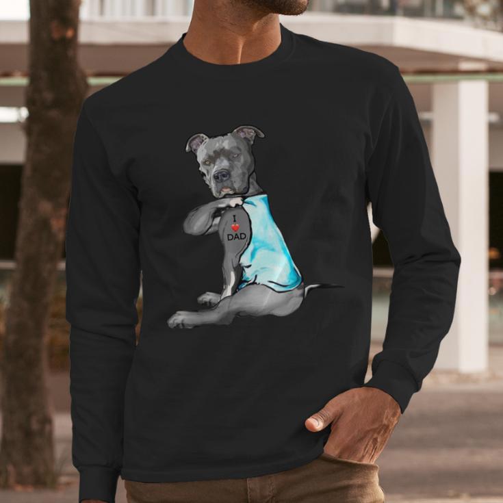 Women Dog Pitbull I Love Dad Tattoo Men Long Sleeve T-Shirt