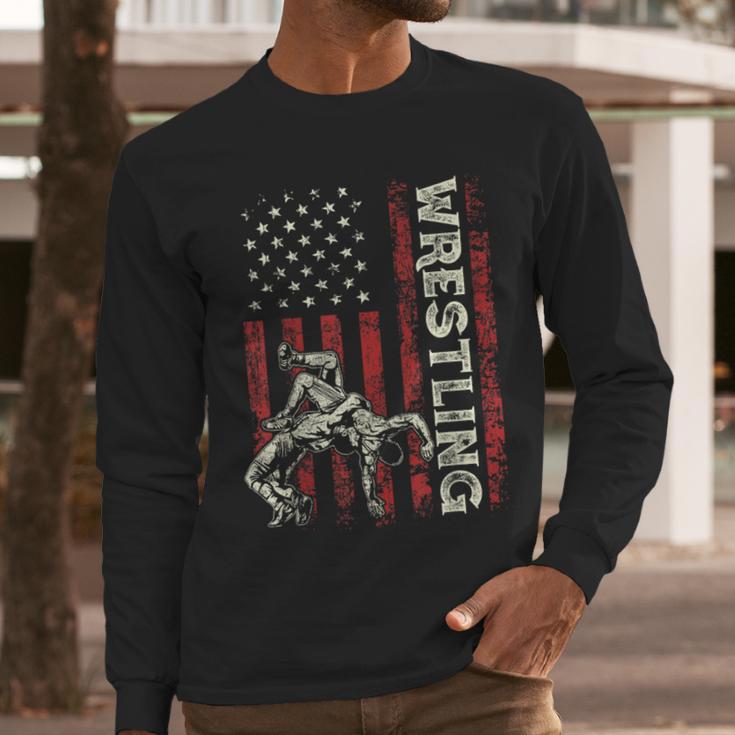 Wrestling US Flag Dad Wrestler Patriotic 4th Of July Men Long Sleeve T-Shirt