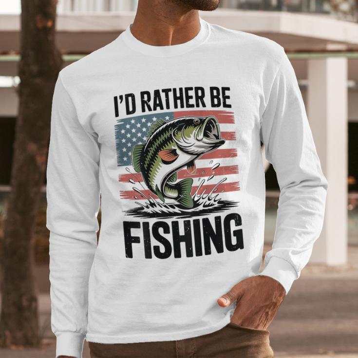 I'd Rather Be Fishing Bass Fish Dad Joke American Flag Men Long Sleeve T-Shirt I'd Rather Be Fishing Bass Fish Dad Joke American Flag Men Long Sleeve T-Shirt