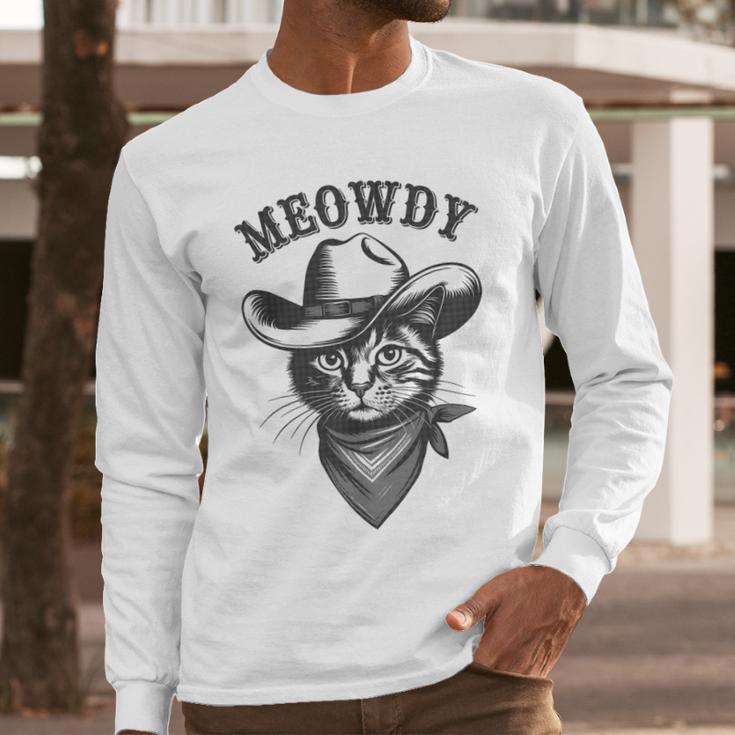 Meowdy Cat Cowboy Western Graphic Cat Lady Cat Dad Men Long Sleeve T-Shirt
