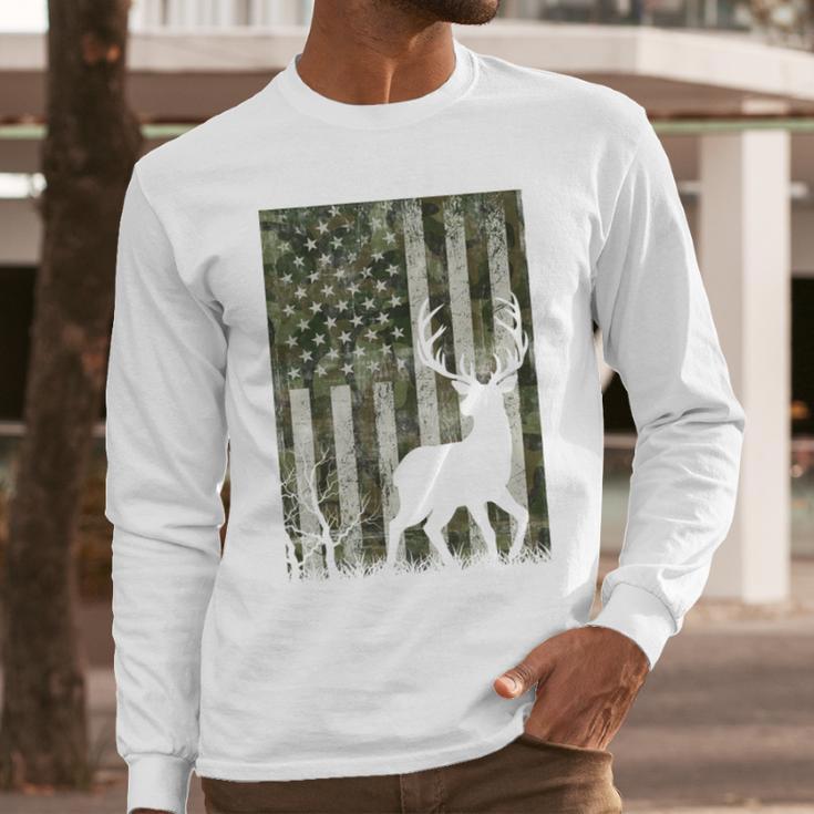US Flag Deer Elk Buck Camoflage Hunting Hunter Dad Grandpa Men Long Sleeve T-Shirt
