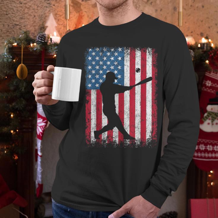 American Flag Vintage Baseball Flag Dad Mom Tee T-Shirt Men Long Sleeve T-Shirt
