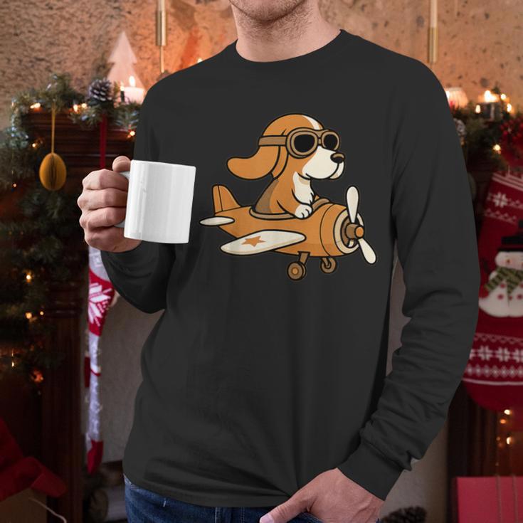 Beagle Flying a Plane Pilot Airplane Dog Mom Dad Men Long Sleeve T-Shirt