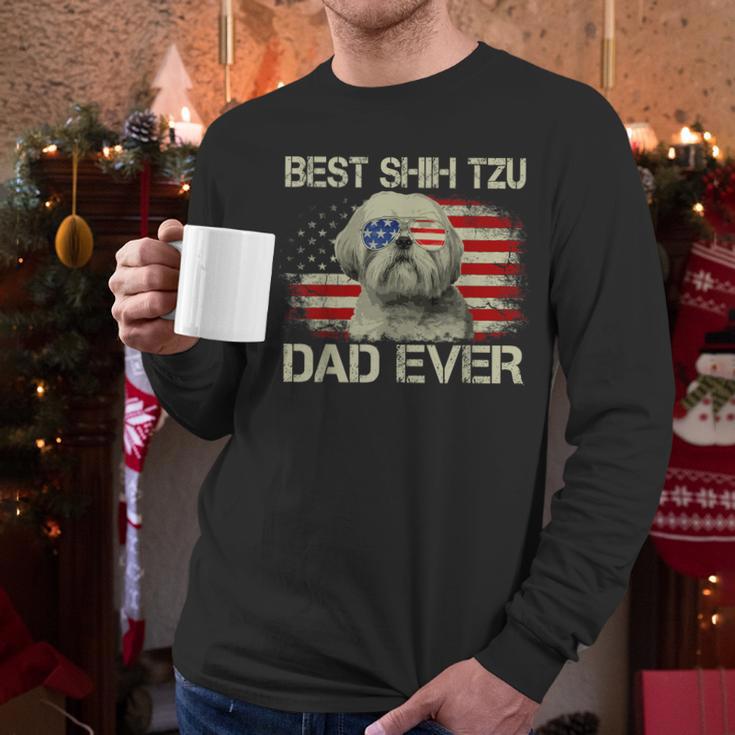 Best Shih Tzu Dad Ever Tshirt Dog Lover American Flag Men Long Sleeve T-Shirt