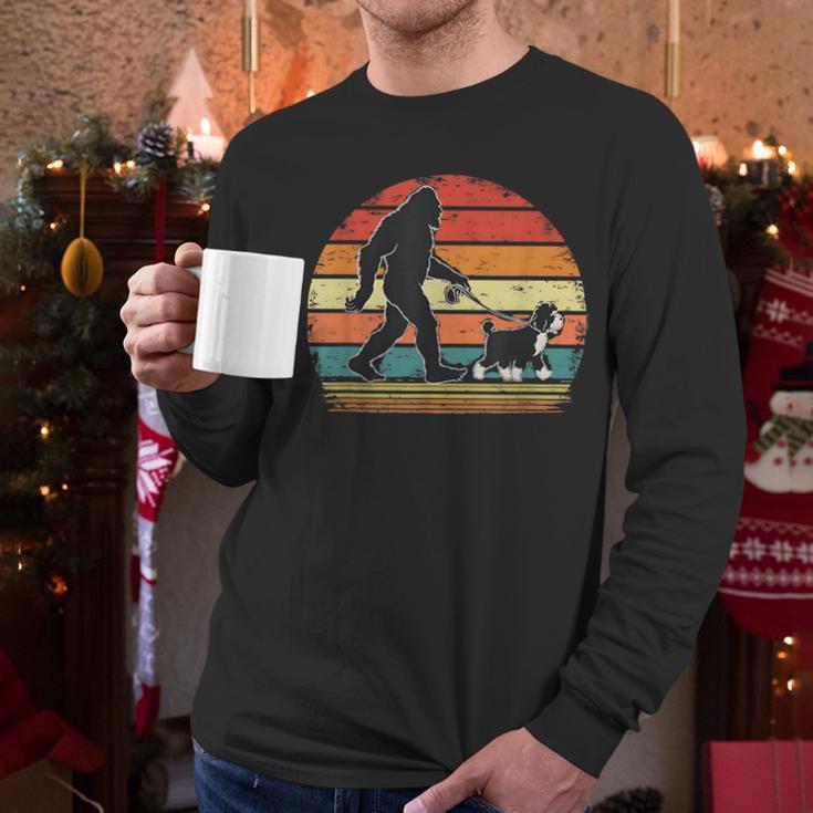 Bigfoot Walking a Dog Bernedoodle Dog Dad Men Long Sleeve T-Shirt