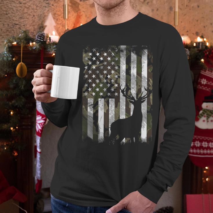 Camo US Flag Deer Elk Buck Camoflage Hunting Hunter Dad Short Sleeve Men Long Sleeve T-Shirt