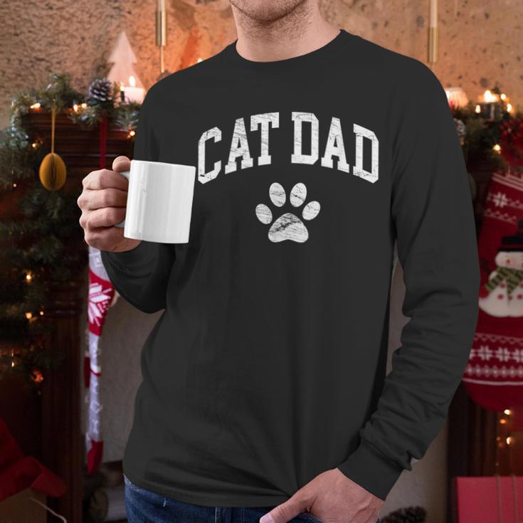Cat Dad Vintage Distressed Cat Paw Men Long Sleeve T-Shirt