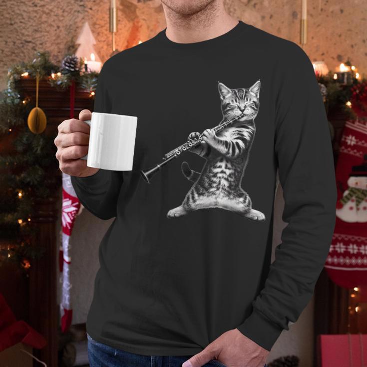 Cat Playing The Clarinet For Cat Lover Cat Mom Cat Dad Men Long Sleeve T-Shirt