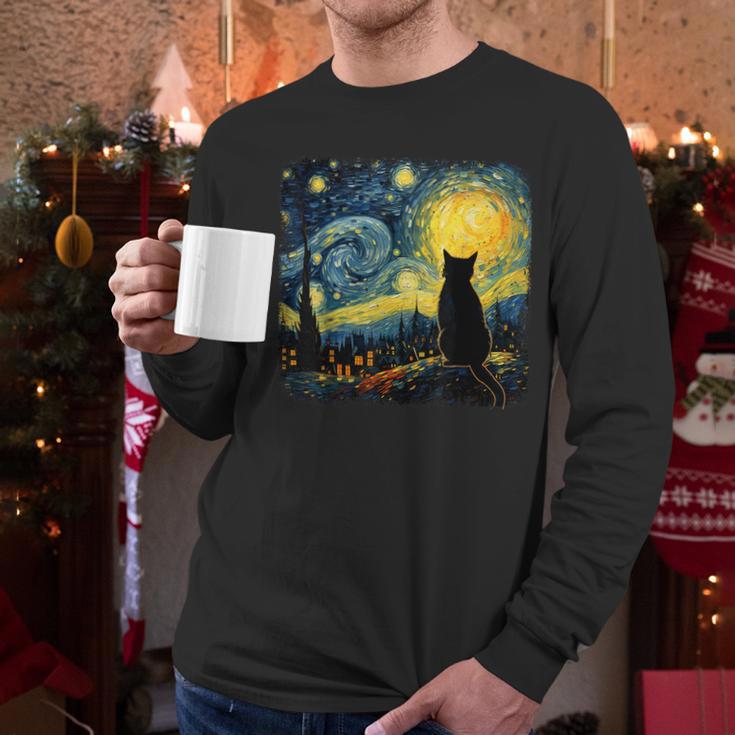 Cat Starry Night Van Gogh Cat For Cat Lover Cat Mom Cat Dad Men Long Sleeve T-Shirt