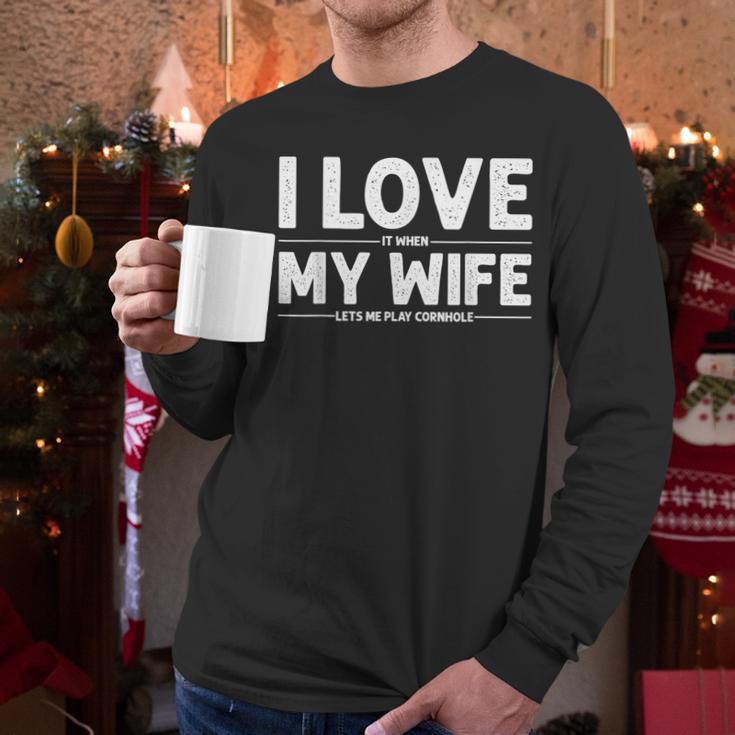 Cool Cornhole Art For Men Dad Love My Wife Husband Corn Hole Small Men Long Sleeve T-Shirt