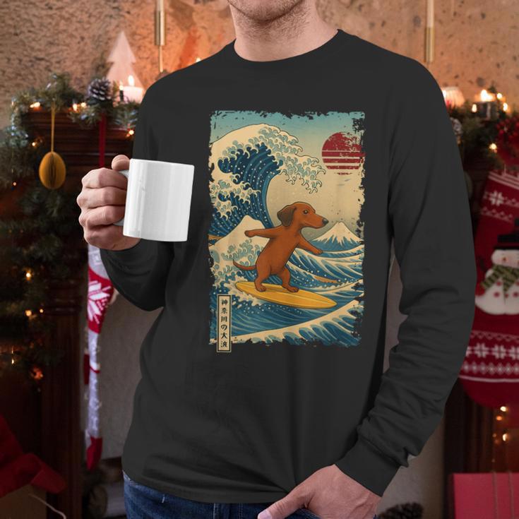 Dachshund Doxie Japanese Kanagawa Wave Surfing Japan Mom Dad Men Long Sleeve T-Shirt