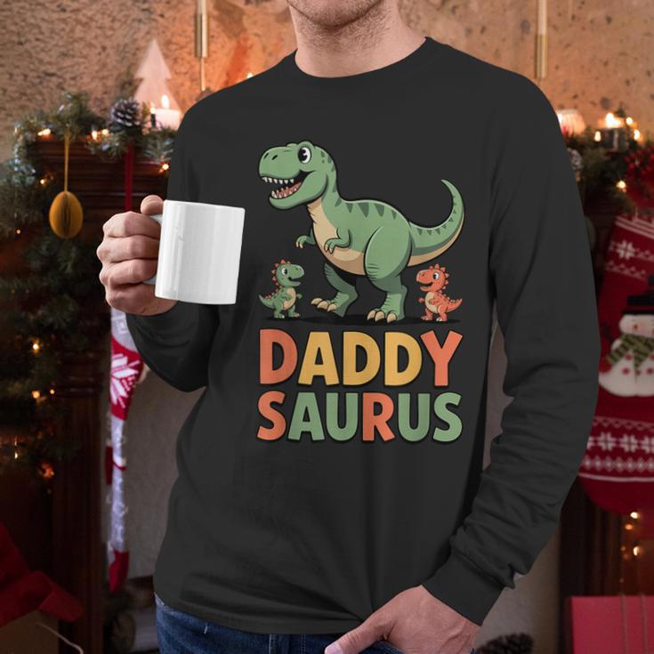 Daddy Saurus Dinosaur Dad Of Two Kids Dino Family Men Long Sleeve T-Shirt