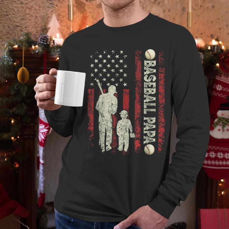Father's Day Baseball Papa USA Flag Dad Men Baseball Men Long Sleeve T-Shirt