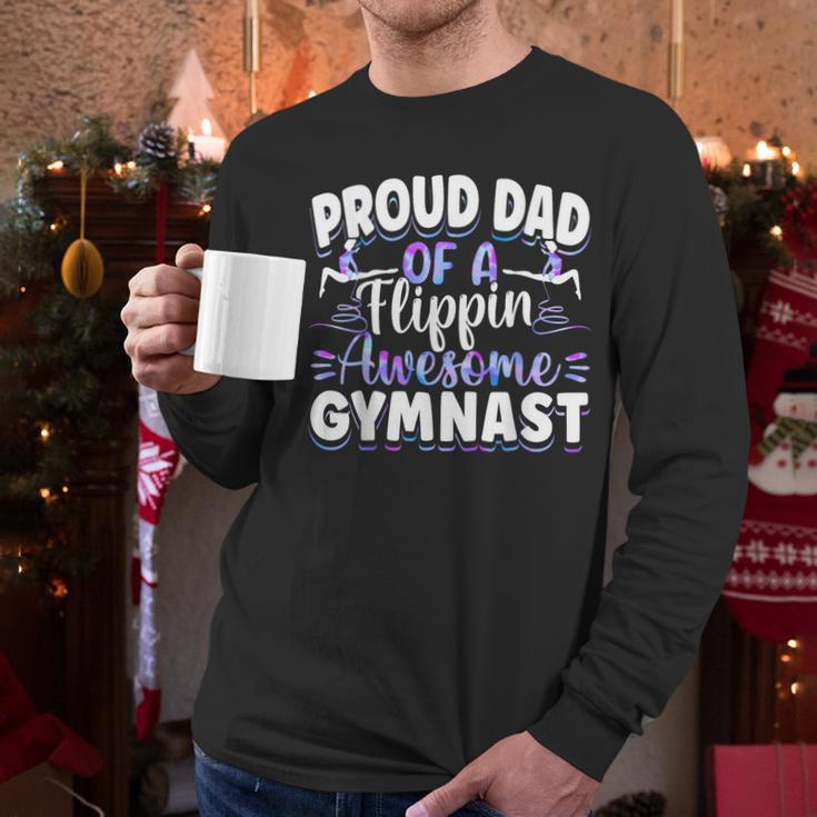 Gymnastics Watercolor Proud Dad Of A Flippin Awesome Gymnast Men Long Sleeve T-Shirt