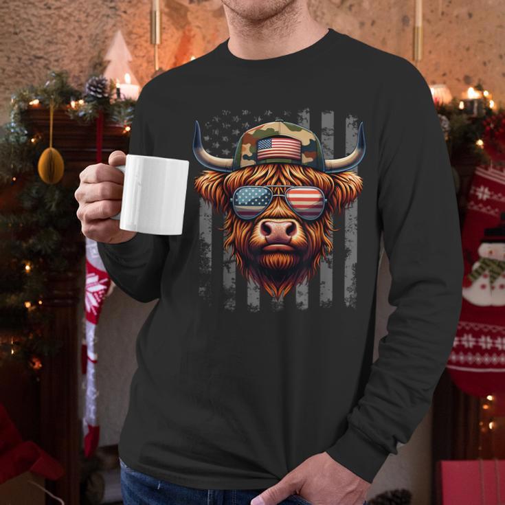 Highland Cow 4th July USA Flag Dad Father America Men Boys Men Long Sleeve T-Shirt