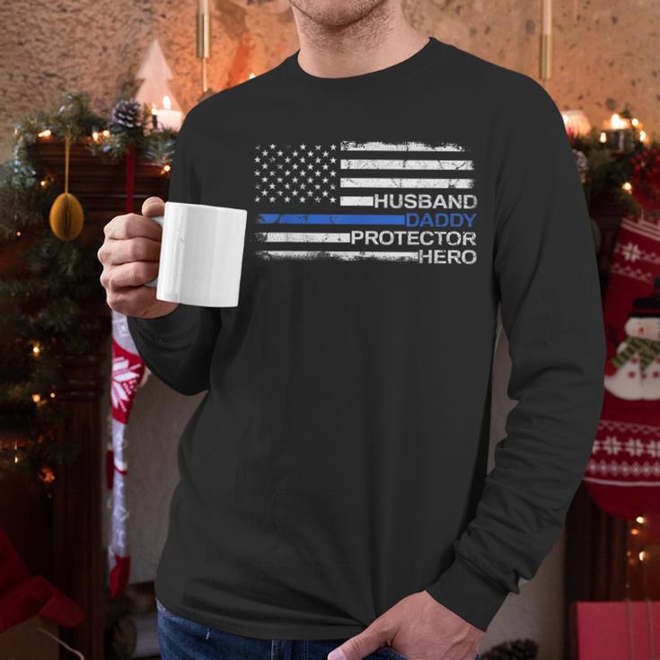 Husband Daddy Protector Hero Police Officer Father Dad Men Long Sleeve T-Shirt
