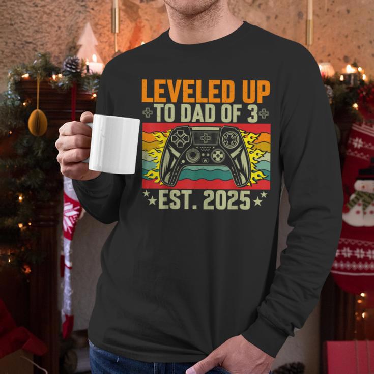 Leveled Up To Dad Of 3 Three Daddy Again 2025 Father's Day Men Long Sleeve T-Shirt