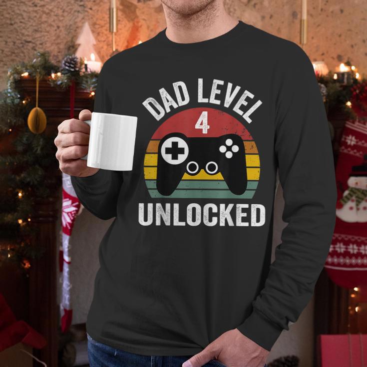 New Dad Shirt Dad Level 4 Unlocked For 4 Kids Gaming Men Long Sleeve T-Shirt