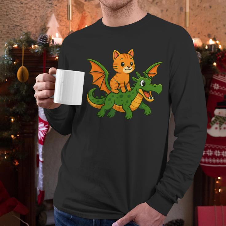 Orange Cat Dragon Riding Animal Lover Mom Dad Kids Men Long Sleeve T-Shirt