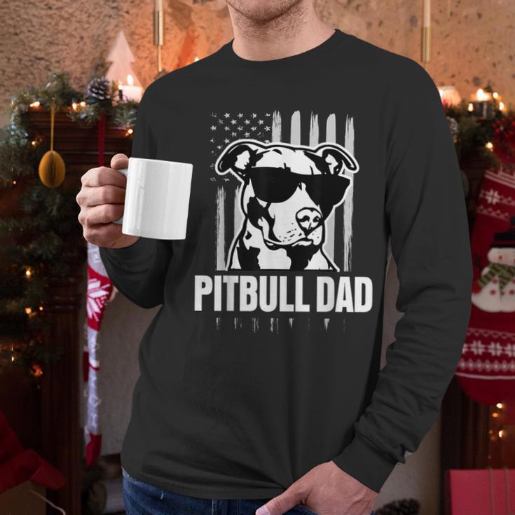 Pitbull Dad Men Pitbull Lover For Dog Dad American Flag Men Long Sleeve T-Shirt