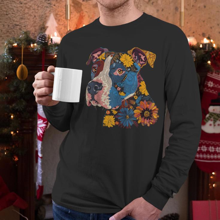 Pitbull Floral Dog Lover Vintage Flower Art Pitbull Mom Dad Men Long Sleeve T-Shirt