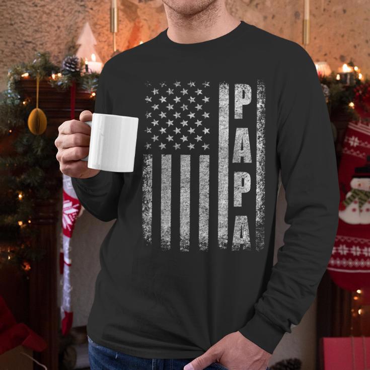 Proud Papa Fathers Day 2025 Dad America USA Flag Men Long Sleeve T-Shirt