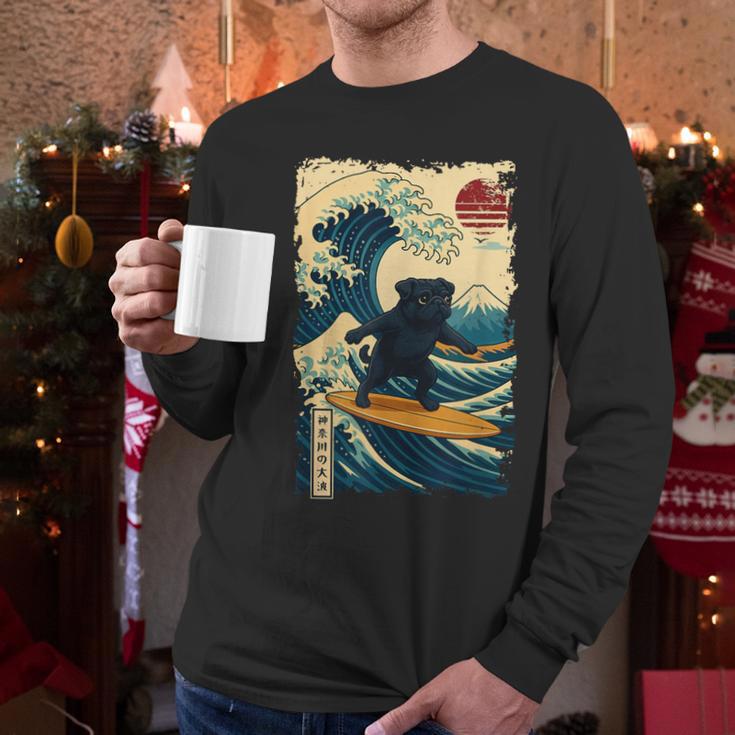 Pug Japanese Kanagawa Wave Surfing Japan Mom Dad Kids Men Long Sleeve T-Shirt