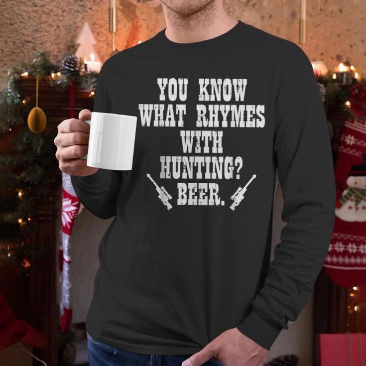 What Rhymes With Hunting Deer Hunter Dad Grandpa Men Men Long Sleeve T-Shirt