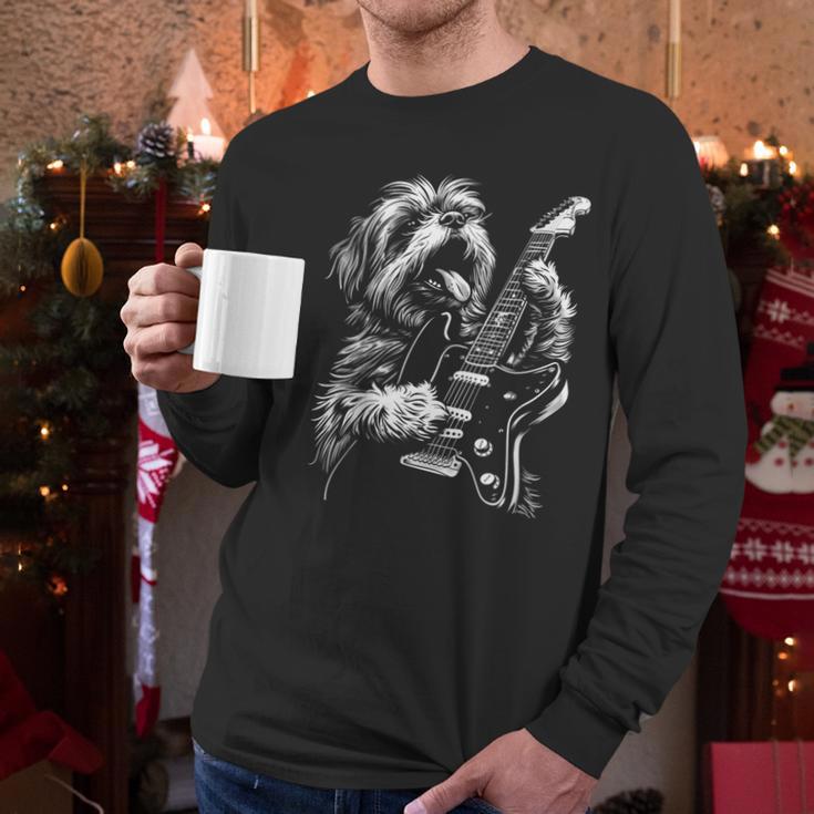 Shih Tzu Dog Playing Electric Guitar Rock Dog Dad Men Women Kids Men Long Sleeve T-Shirt