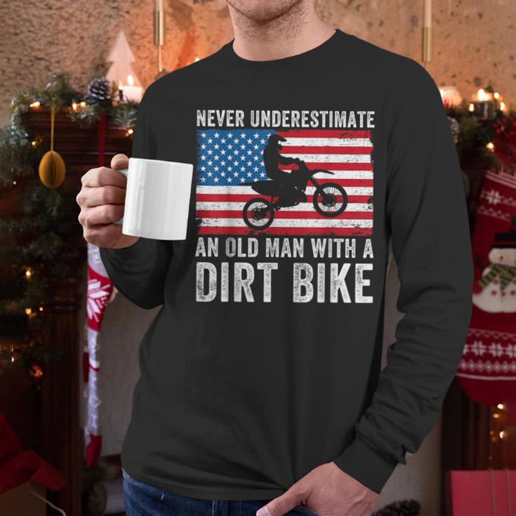 Never Underestimate An Old Man With A Dirt Bike Grandpa Dad Men Long Sleeve T-Shirt