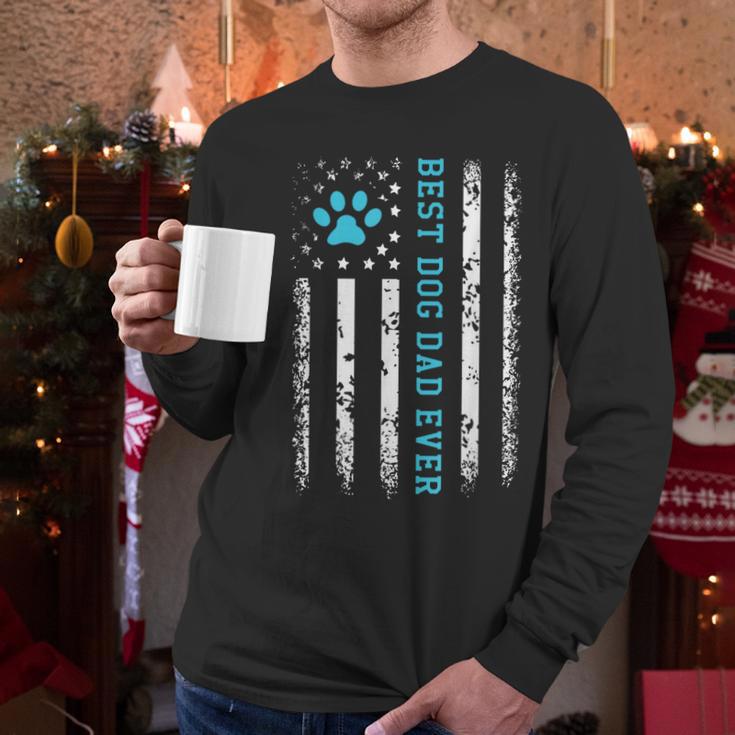 USA Flag Best Dog Dad Ever American Puppy Lover Paw Men Long Sleeve T-Shirt