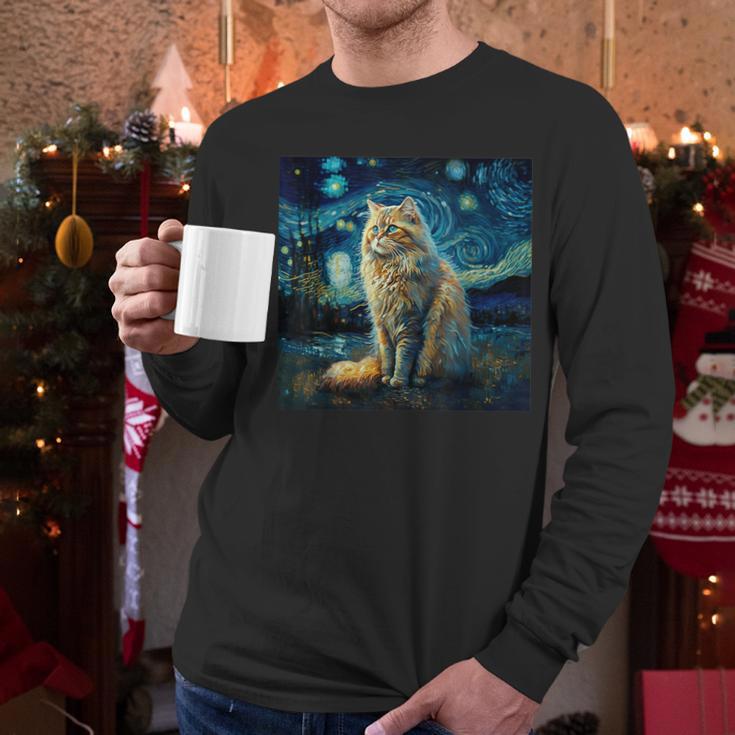 Van Gogh Starry Night Cat For Cat Lover Cat Mom And Cat Dad Men Long Sleeve T-Shirt