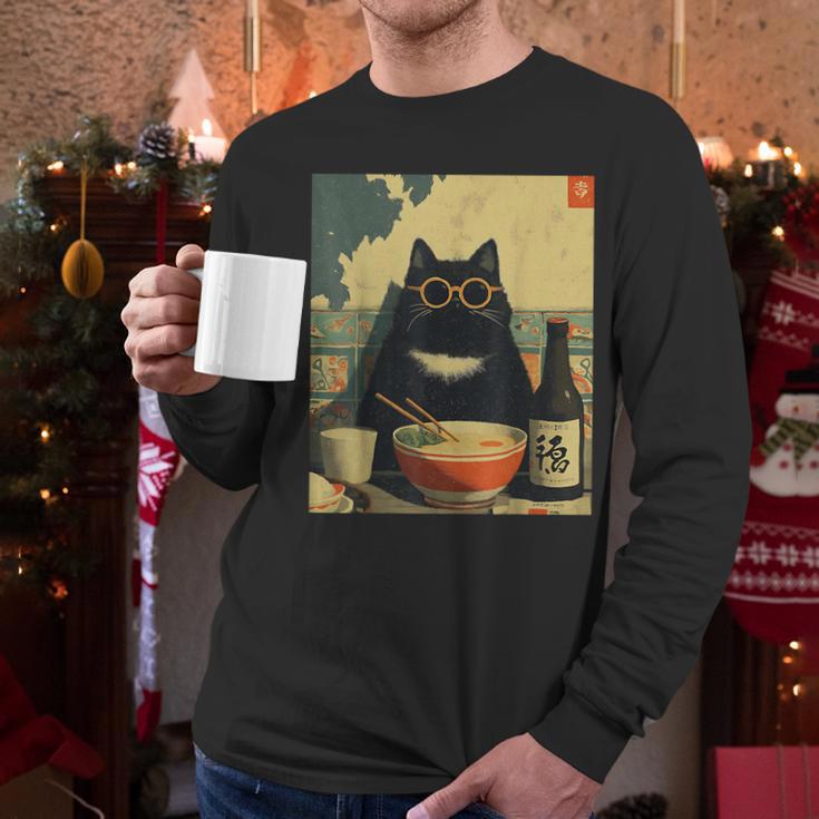 Vintage Japanese Cat Ramen Cat Dad Retro Graphic Women Men Long Sleeve T-Shirt