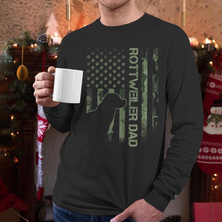 Vintage USA Camo Flag Proud Rottweiler Dad Rottie Silhouette Men Long Sleeve T-Shirt