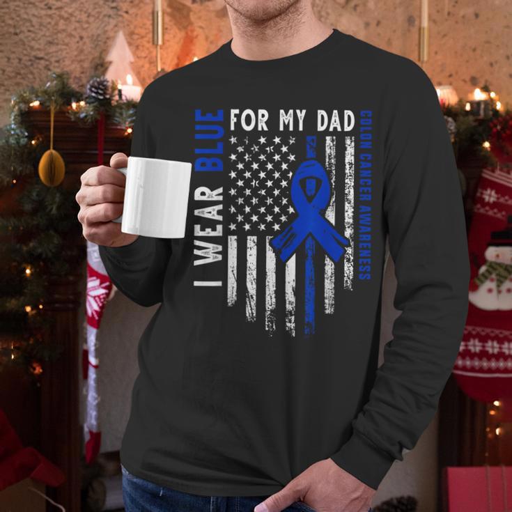 I Wear Blue For My Dad Colon Cancer Awareness Blue USA Flag Men Long Sleeve T-Shirt