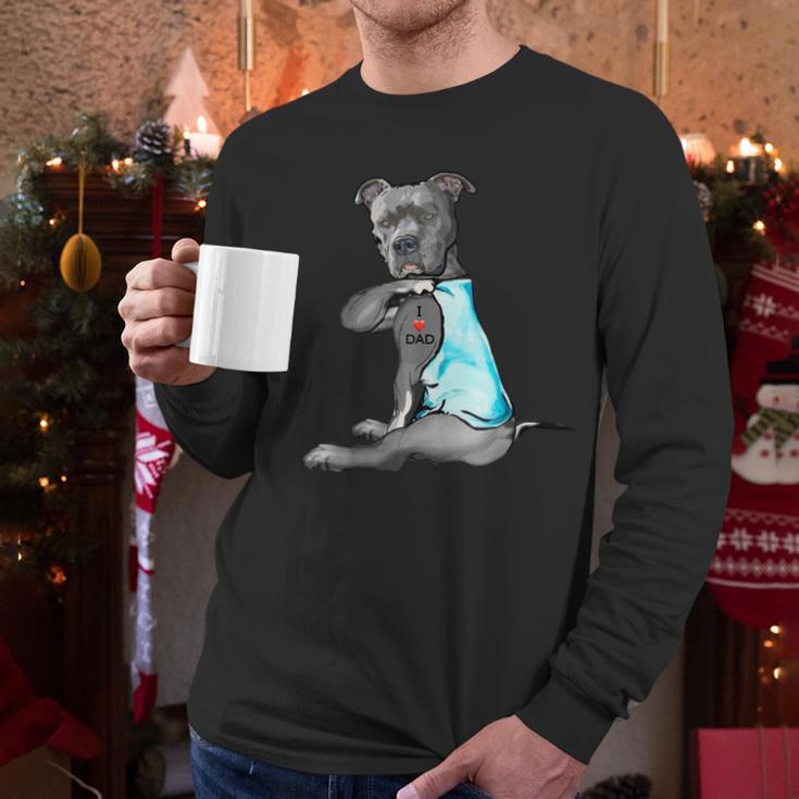 Women Dog Pitbull I Love Dad Tattoo Men Long Sleeve T-Shirt