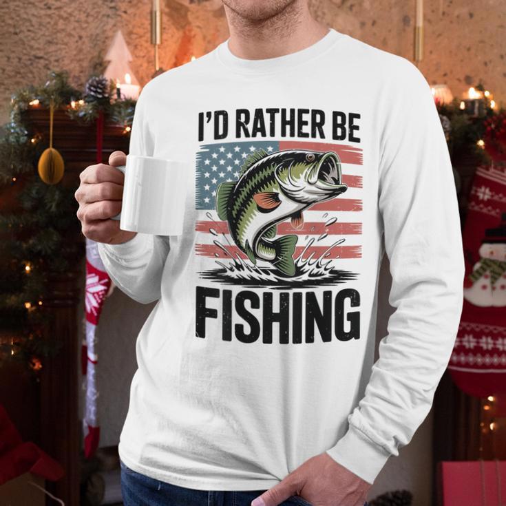 I'd Rather Be Fishing Bass Fish Dad Joke American Flag Men Long Sleeve T-Shirt I'd Rather Be Fishing Bass Fish Dad Joke American Flag Men Long Sleeve T-Shirt