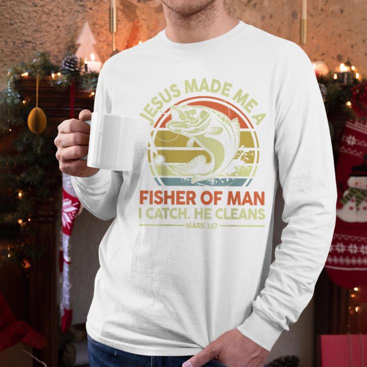 Jesus Made Fisher Man Christian Fishing Bass Fish Dad Men Long Sleeve T-Shirt
