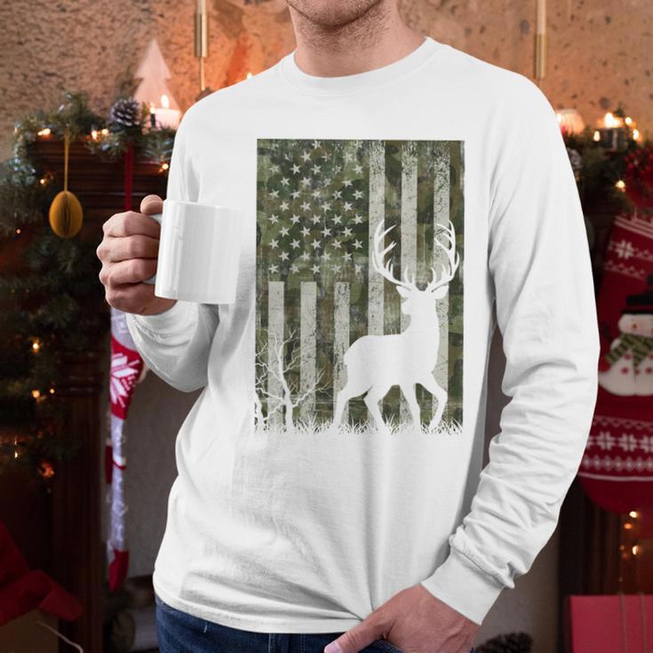 US Flag Deer Elk Buck Camoflage Hunting Hunter Dad Grandpa Men Long Sleeve T-Shirt