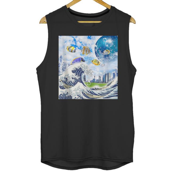 Frutiger Aero Aesthetic Tech Great Wave Of Kanagawa Fishes Unisex Tank Top