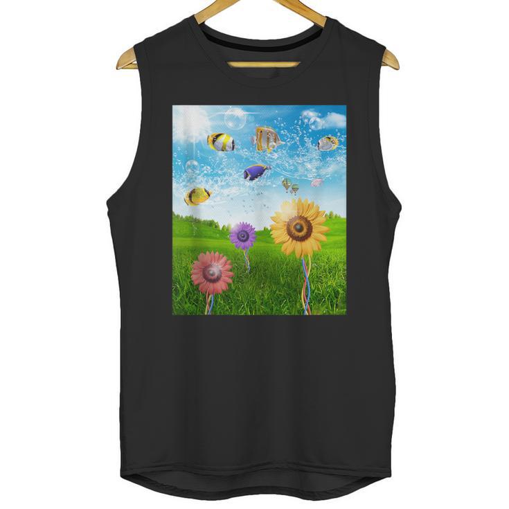 Frutiger Aero Aesthetic Tech Scenery Fishes Sunflower Unisex Tank Top