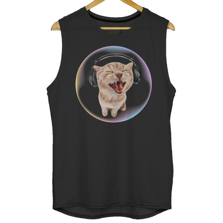 Frutiger Aero Cat Wearing Headphones Bubble 2000s Gen-Z Meme Unisex Tank Top