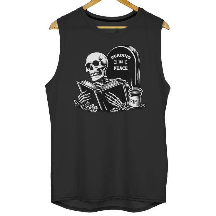 READING IN PEACE RIP Introvert Skeleton Read Book Meme Unisex Tank Top