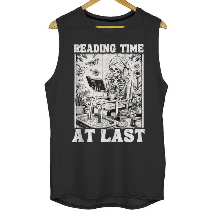 Reading Time At Last Book Lover Introvert Skeleton Reading Unisex Tank Top