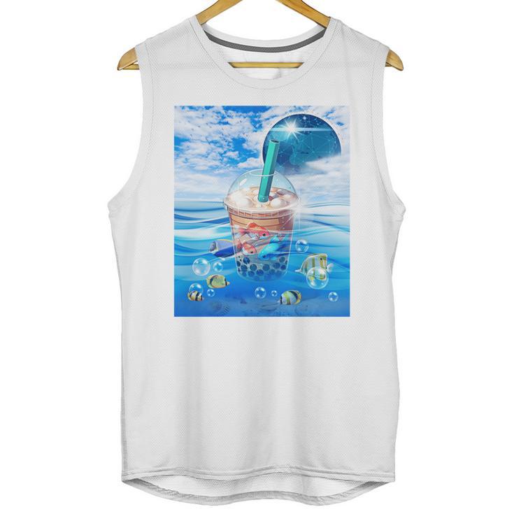 Frutiger Aero Aesthetic Tech Bubble Tea Boba Milktea Fishes Unisex Tank Top