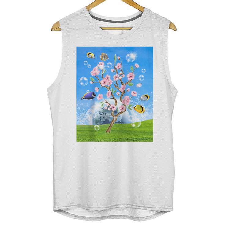 Frutiger Aero Aesthetic Tech Cherry Blossom Fishes Bubbles Raglan Baseball Tee Unisex Tank Top