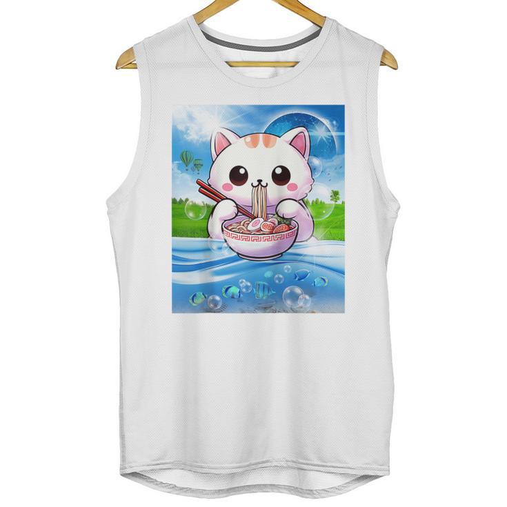 Frutiger Aero Aesthetic Tech Kawaii Ramen Cat Fishes Raglan Baseball Tee Unisex Tank Top
