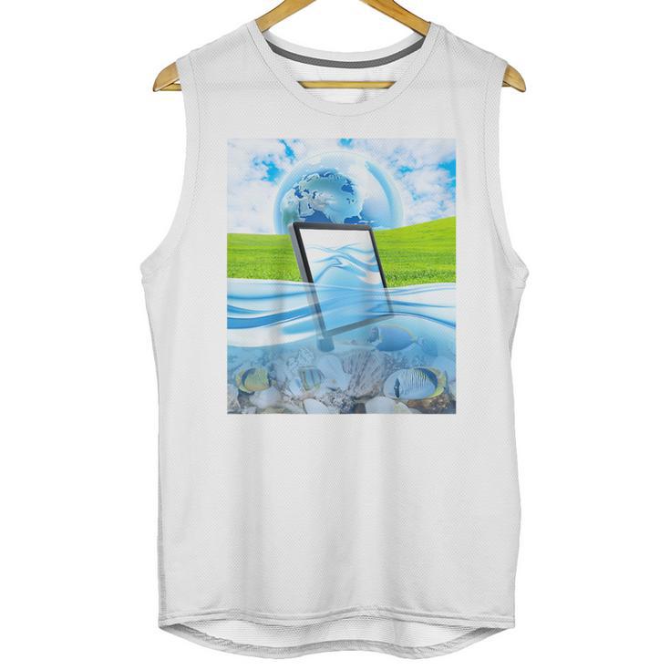 Frutiger Aero Aesthetic Tech Water Fishes Monitor Screen Raglan Baseball Tee Unisex Tank Top